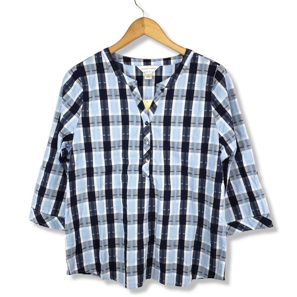 Christopher & Banks Blue Plaid Cropped Sleeve Top Size Medium NWT